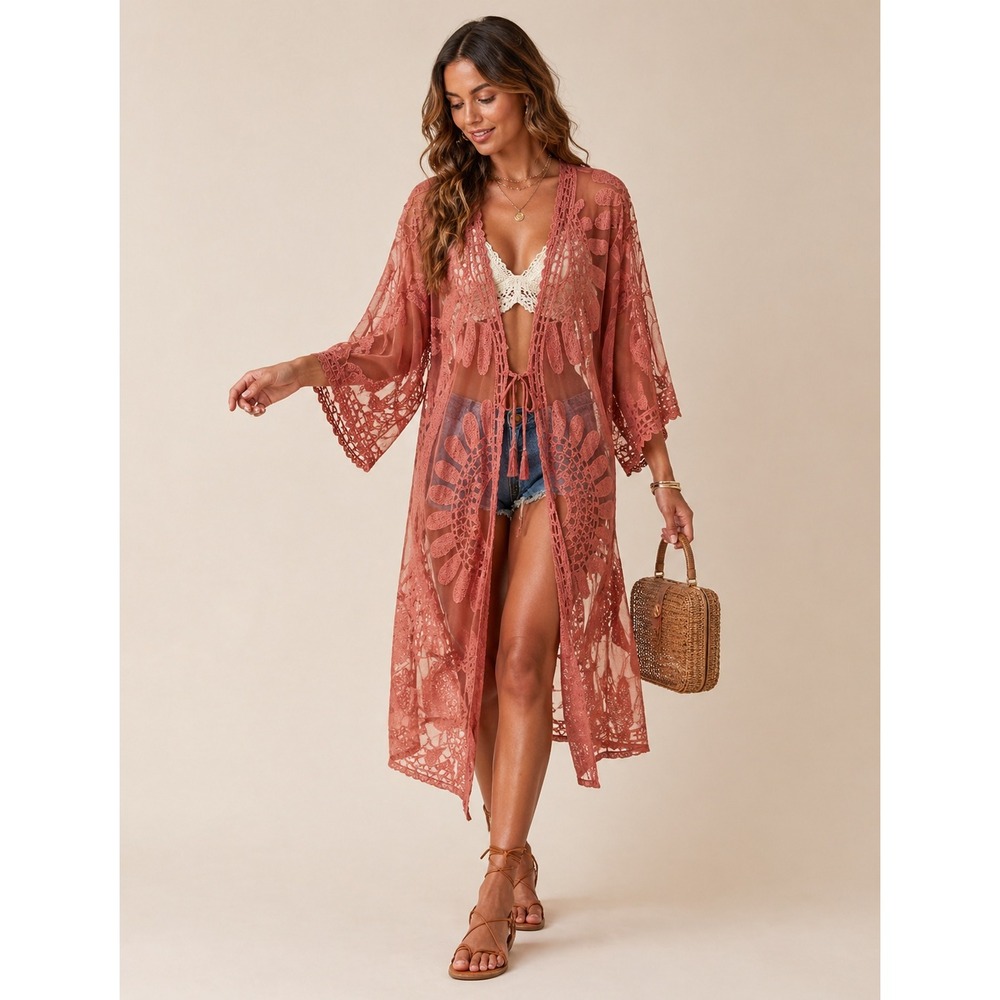 Style Apparel Sheer Lace Kimono Coverup Women's L Boho Festival Hippie Artsy